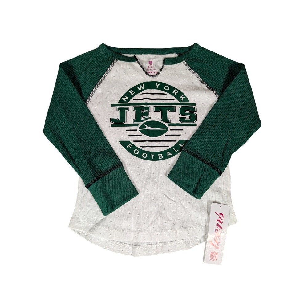 NFL Apparel New York Jets Women Green White Raglan Long Sleeve Pointelle Top NEW